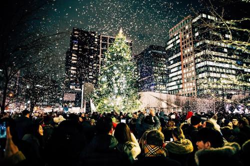 A crowd gathers around a brightly lit Christmas tree as snow falls in a cityscape at night.