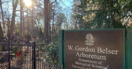 Sign for W. Gordon Belser Arboretum, surrounded by trees and sunlight, at the University of South Carolina.