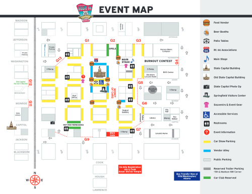 Event map featuring vendor locations, stages, and attractions for a festival, with labeled areas and parking details.