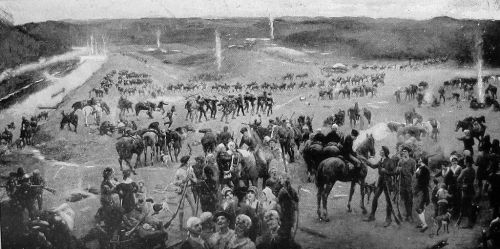 A historical scene depicting a large cavalry troop and soldiers in a landscape, with hills and smoke in the background.