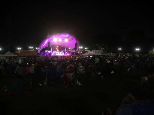 A nighttime outdoor concert with a large audience seated on the grass, illuminated by colorful stage lights.