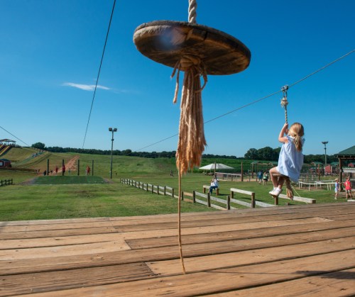 A child swings on a rope from a wooden platform, with a grassy field and playground in the background under a clear blue sky.