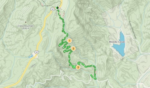 Map showing a winding trail with markers 1, 2, and 3, near Moody Cove and Crane Mountain.