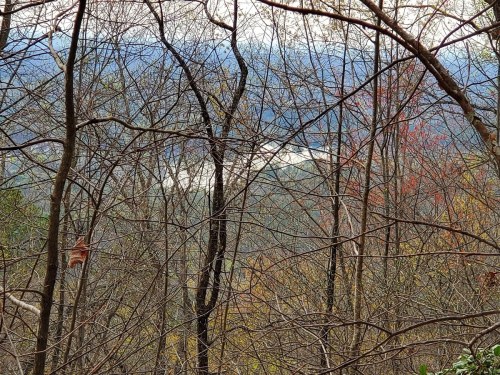 A view through bare branches of a landscape with distant hills and a river, hinting at autumn colors.