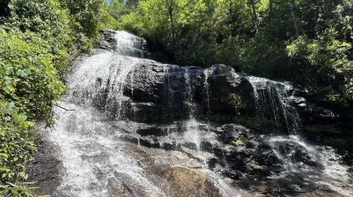 A cascading waterfall flows over dark rocks, surrounded by lush green foliage and trees. Sunlight filters through the leaves.