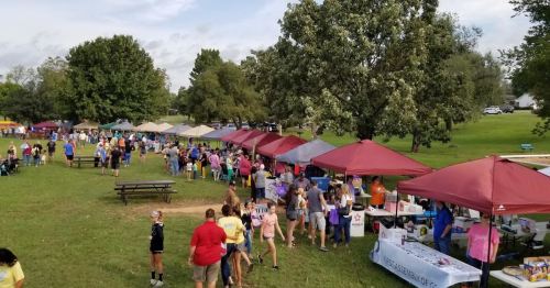 A bustling outdoor event with numerous tents and a crowd of people enjoying activities in a park.