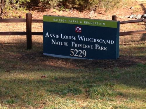 Sign for Annie Louise Wilkerson, MD Nature Preserve Park, located at 5229, Raleigh Parks & Recreation.