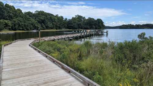 A wooden boardwalk leads to a dock by a calm lake, surrounded by lush greenery and blue skies.