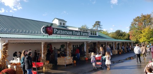A bustling fruit farm market with people shopping, decorated with pumpkins and autumn foliage under a clear blue sky.