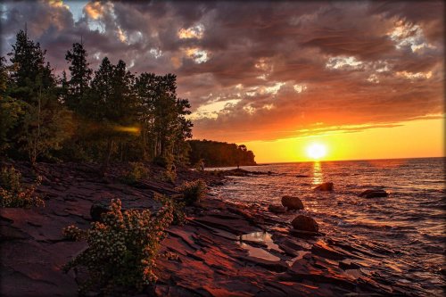 A serene sunset over a rocky shoreline, with trees silhouetted against a colorful sky reflecting on the water.