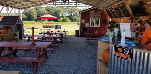 Outdoor café with picnic tables, a service counter, and a scenic view of fields and trees. No smoking sign visible.