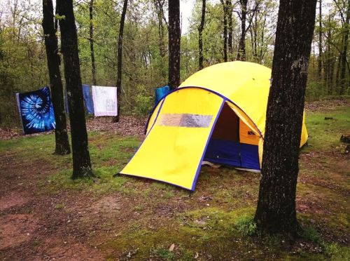 A bright yellow tent set up in a wooded area, with colorful fabric hanging on trees in the background.