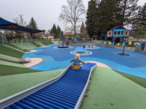 A child sits on a blue slide in a colorful playground with water features and play structures surrounded by trees.