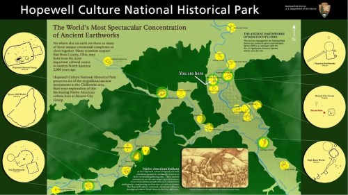 Map of Hopewell Culture National Historical Park, highlighting ancient earthworks and visitor locations.