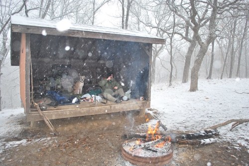 A snowy scene of a rustic shelter with a fire pit, where a person rests inside and a dog sits nearby.