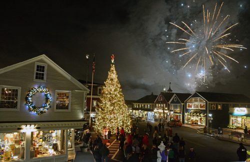 A festive town square at night, featuring a large Christmas tree and fireworks in the sky above.