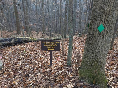 A sign in a wooded area indicating a 2-mile school bus loop trail for hikers and bikers. Fallen leaves cover the ground.