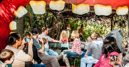 A group of people sitting on a bench inside a large, colorful mouth structure, watching a performance in a forested area.
