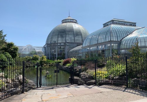 A glass conservatory with domed roofs, surrounded by greenery and a pond, under a clear blue sky.