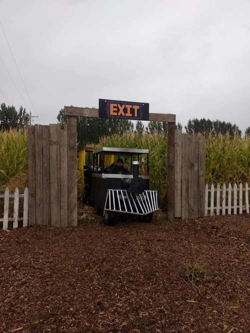 A small train exits a corn maze, passing under a wooden "EXIT" sign with a rustic fence in the background.