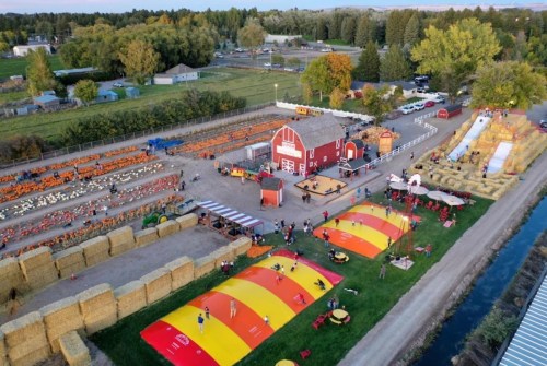 Aerial view of a pumpkin patch with a red barn, hay bales, and colorful bounce pads, bustling with visitors.