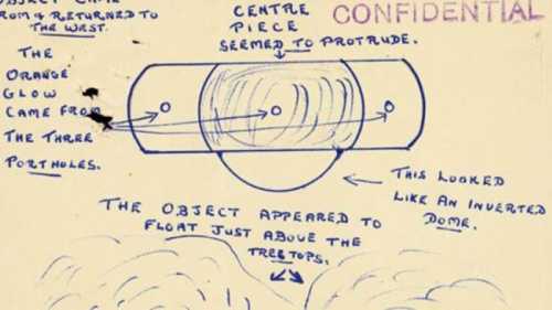 A sketch of a dome-shaped object with portholes, labeled "CONFIDENTIAL," depicting an orange glow and tree tops below.