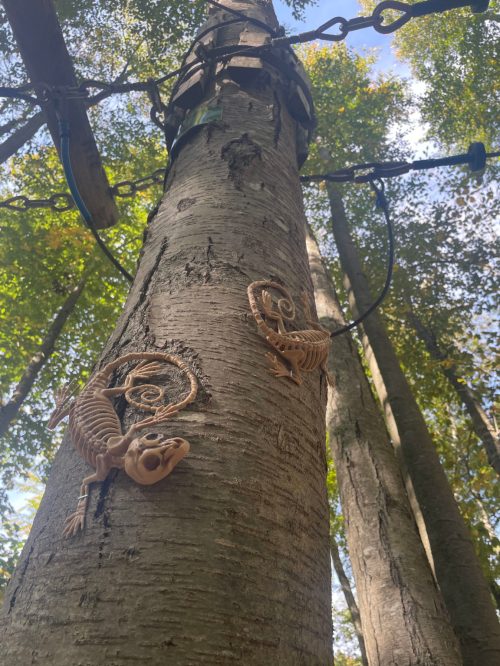 Two decorative lizards are attached to a tree trunk, surrounded by green foliage and sunlight filtering through the leaves.