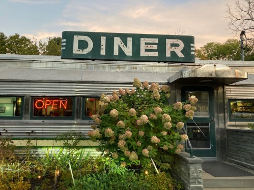 A classic diner with a neon "OPEN" sign, surrounded by blooming hydrangeas and a colorful sunset sky.