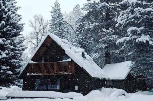 A cozy cabin covered in snow, surrounded by tall evergreen trees, with snowflakes gently falling.