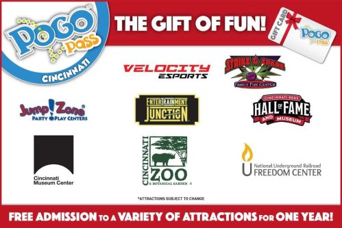 Promotional image for Pogo Pass Cincinnati, featuring logos of various attractions and the text "The Gift of Fun!"