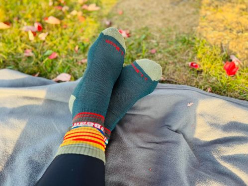 A pair of colorful socks resting on a blanket outdoors, surrounded by fallen leaves.