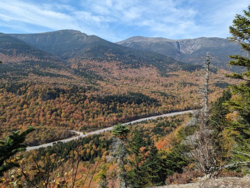 A scenic view of mountains and a winding river, surrounded by vibrant autumn foliage under a clear blue sky.