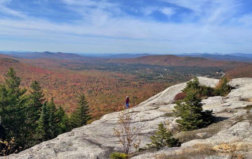A person stands on a rocky outcrop overlooking a vibrant autumn landscape with colorful trees and distant mountains.