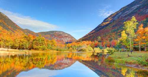 A serene landscape featuring a calm lake reflecting vibrant autumn foliage and mountains under a clear blue sky.