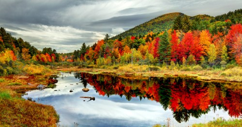 A serene landscape featuring a calm lake reflecting vibrant autumn foliage and a mountain under a cloudy sky.