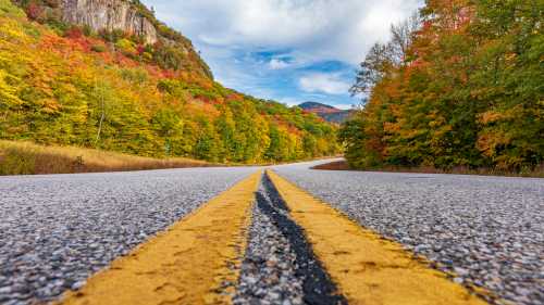 A winding road stretches through vibrant autumn foliage under a cloudy sky.