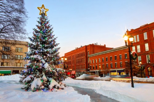 A decorated Christmas tree with a star on top stands in a snowy town square, surrounded by historic buildings.