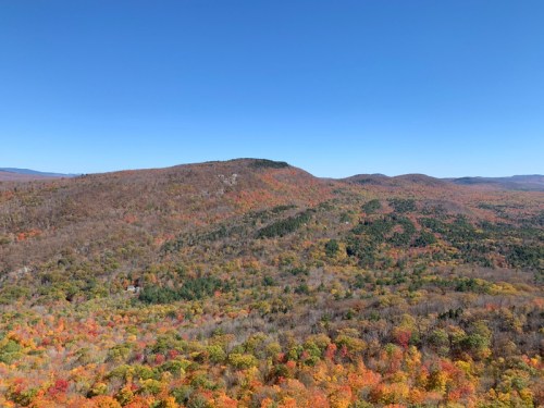 A panoramic view of a colorful autumn landscape with rolling hills and a clear blue sky.