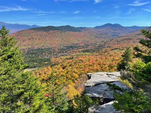 A panoramic view of vibrant autumn foliage covering rolling hills under a clear blue sky.