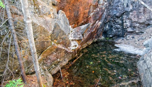 A rocky landscape with a small, clear pool of water surrounded by stones and fallen leaves.