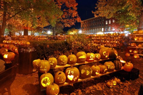 A vibrant display of carved pumpkins glowing at night, surrounded by autumn trees and festive decorations.