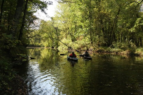 Two people kayaking on a calm river surrounded by lush green trees and sunlight filtering through the leaves.