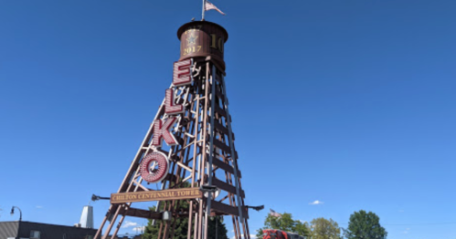 A tall wooden structure with "ELKO" signage against a clear blue sky, surrounded by trees and buildings.