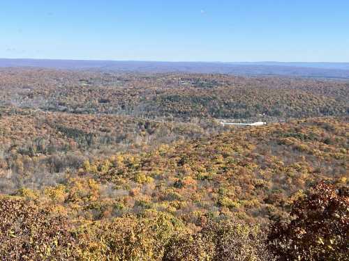 A panoramic view of rolling hills covered in autumn foliage under a clear blue sky.