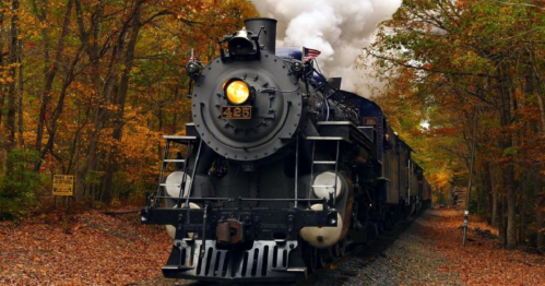 A vintage steam train chugs through a colorful autumn forest, with smoke billowing from its chimney.