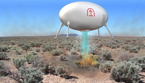 A futuristic spacecraft hovers above a desert landscape, emitting colorful exhaust while surrounded by sparse vegetation.