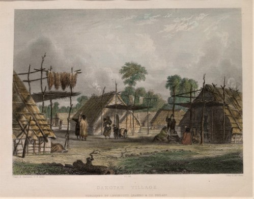 A colorful illustration of a Dakota village with traditional huts and people engaged in daily activities.