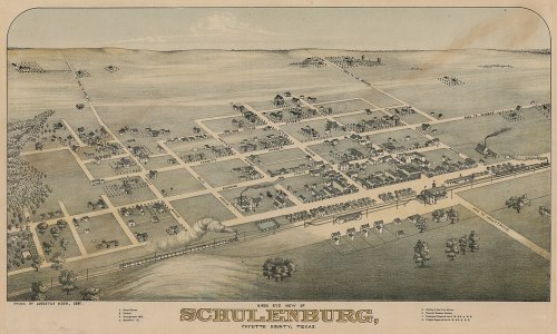 Aerial view map of Schulenburg, Texas, showcasing streets, buildings, and surrounding landscape in a vintage style.