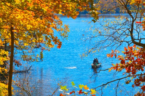 A serene lake surrounded by vibrant autumn foliage, with two people in a small boat enjoying the peaceful scenery.