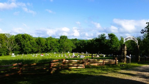 A peaceful cemetery surrounded by trees, with a wooden fence and a sign reading "Cedar Fall Cemetery" under a blue sky.